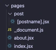 This project's posts folder containing 2 files, index.js and about.js, plus a post folder