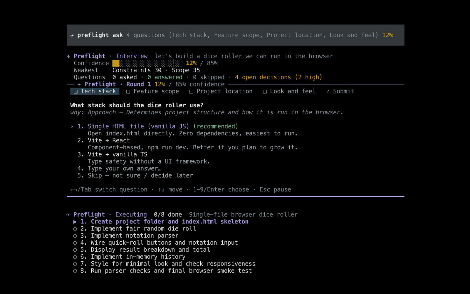 pi-preflight: an interview round with the confidence tracker, and the live execution checklist
