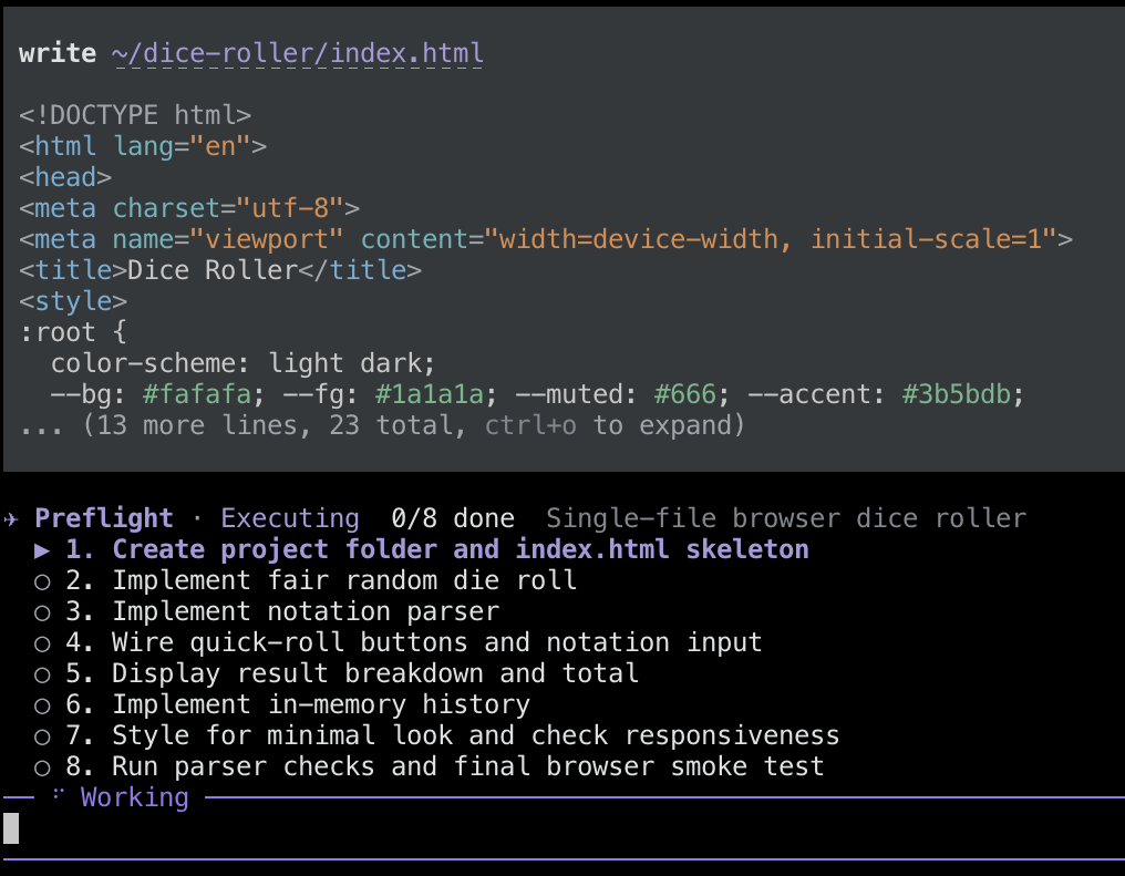 Execution: the agent writes files while the live checklist tracks the current step