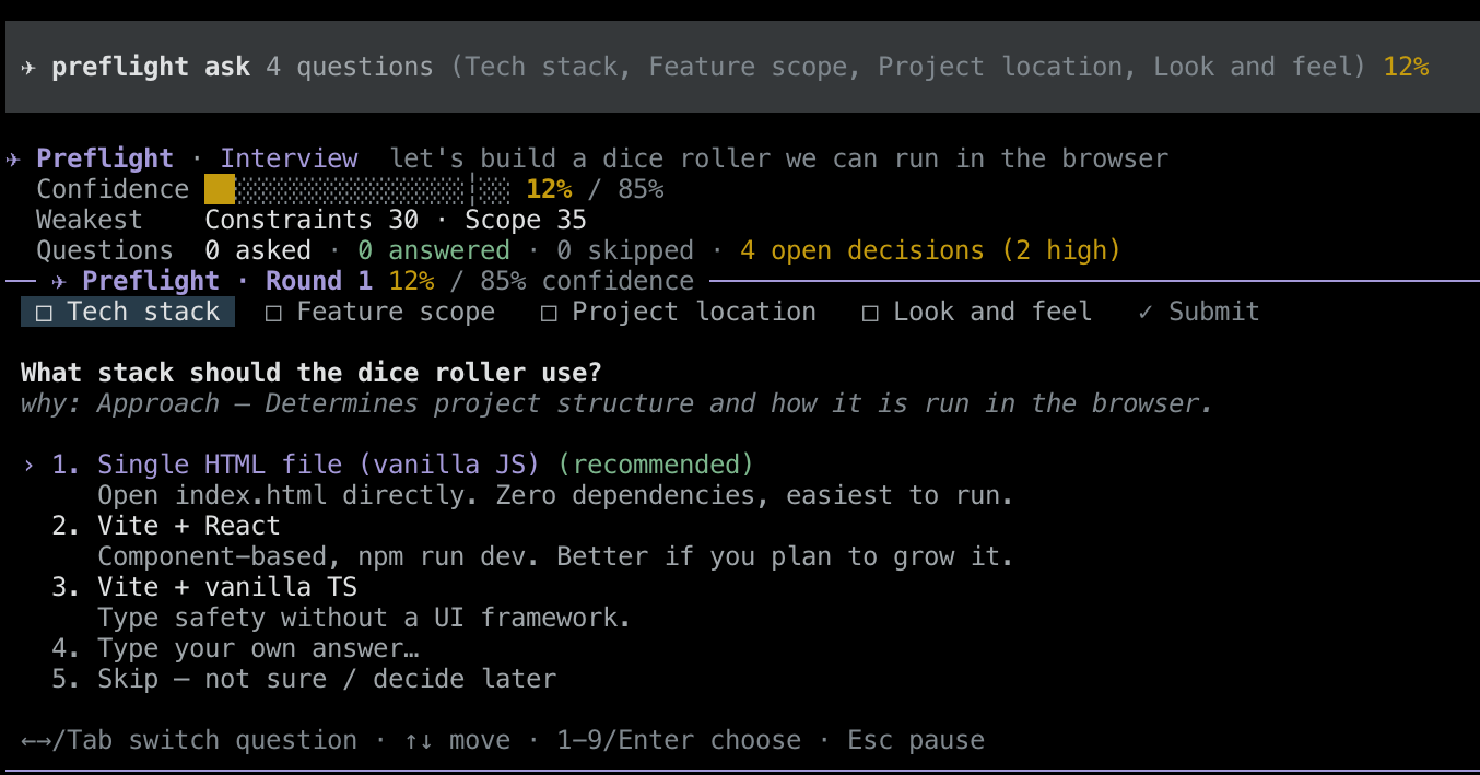 Interview round: tabbed questions with a recommended option, and the confidence tracker above