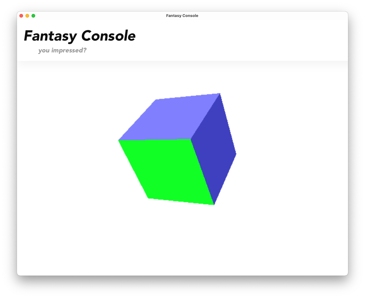 Screenshot of fantasy console showing a pixelated spinning cube. Title reads "Fantasy Console" with subheading "you impressed?"