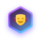 Zeev Binder Badge - Theater Mask emoji inside a glowing purple hexagon