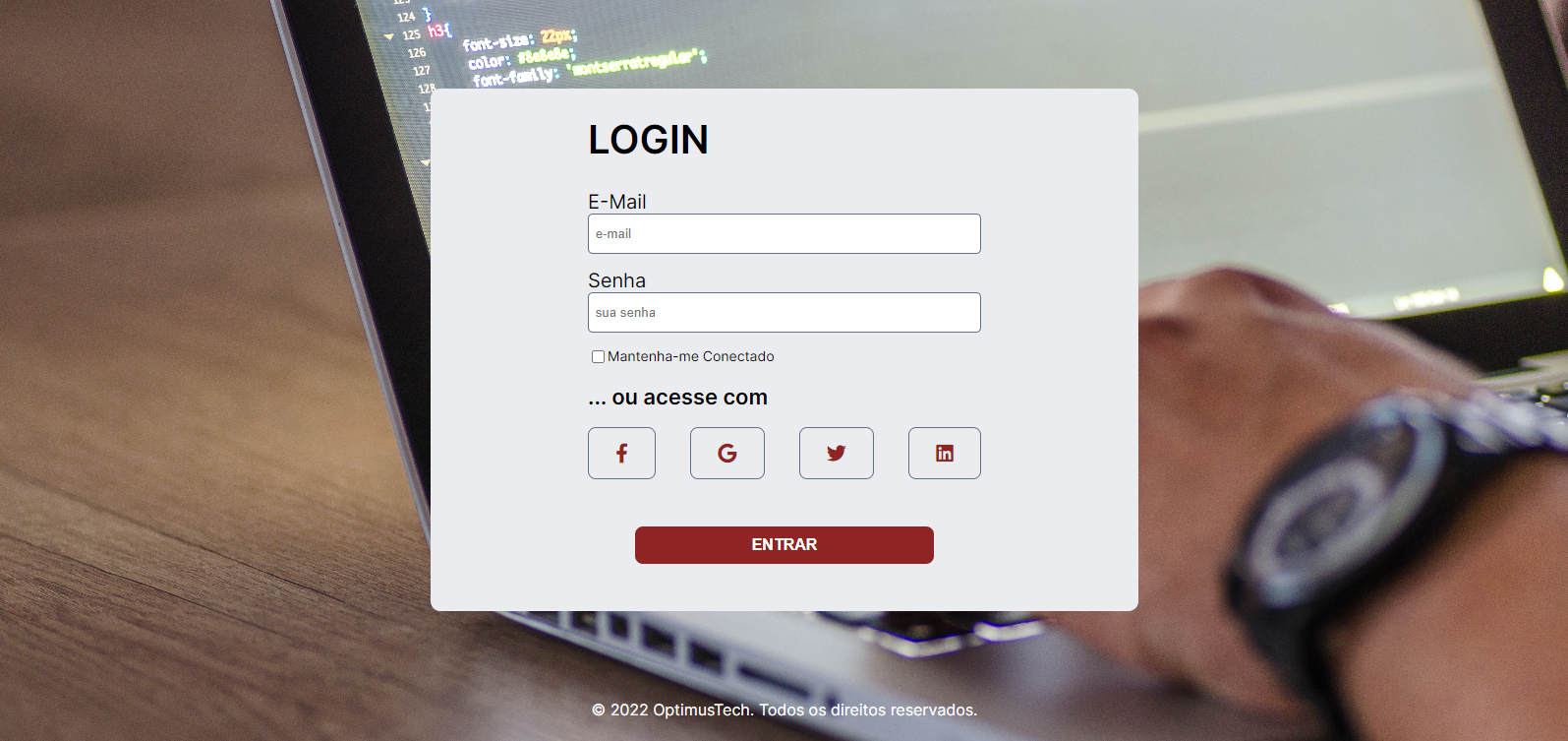 prévia da tela de login da página