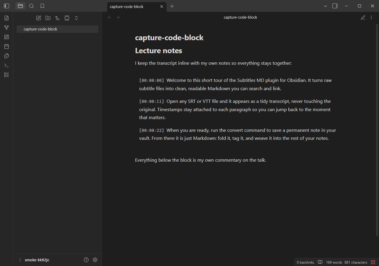 Transcript code block rendered in reading view
