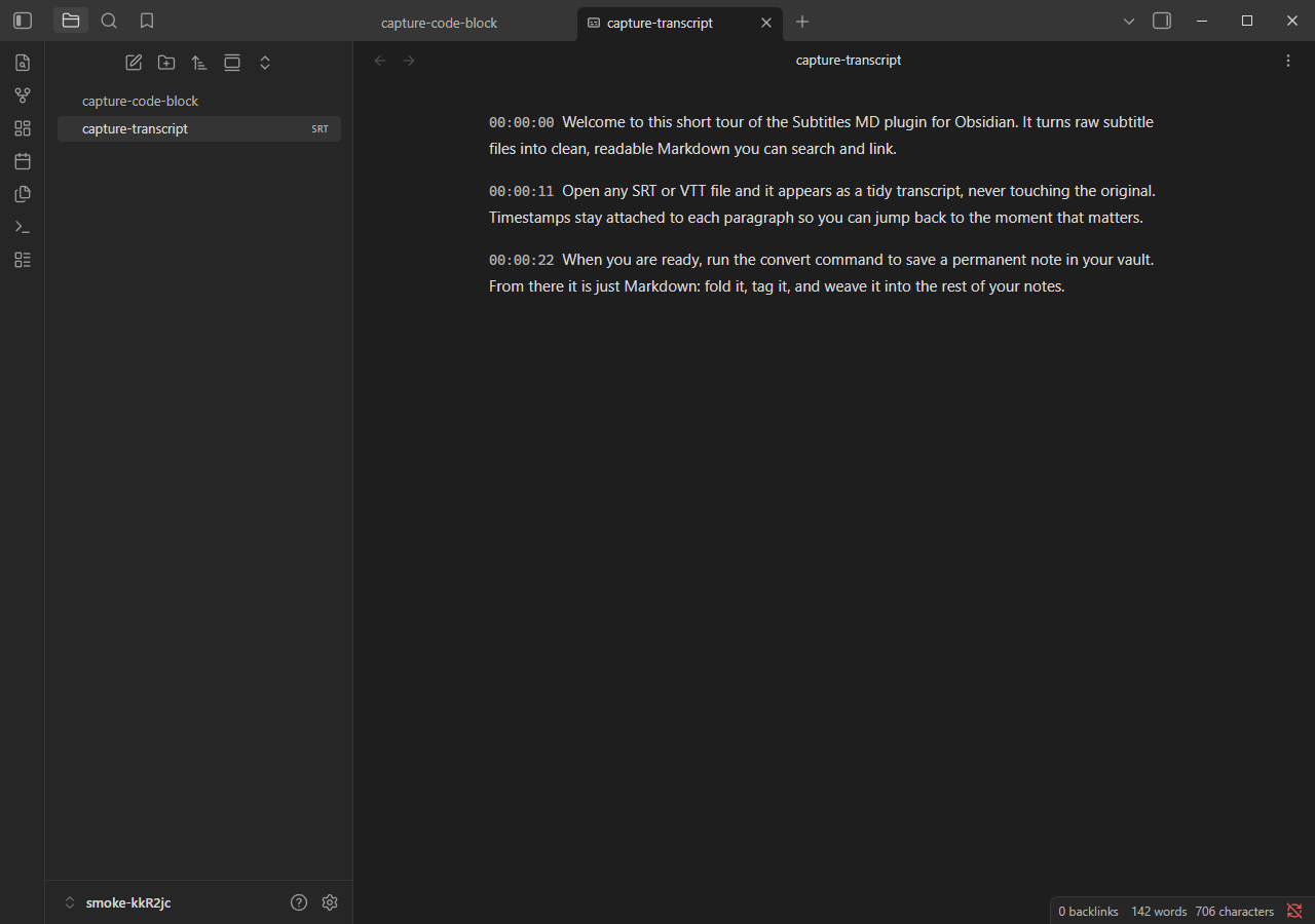 Read-only .srt transcript view