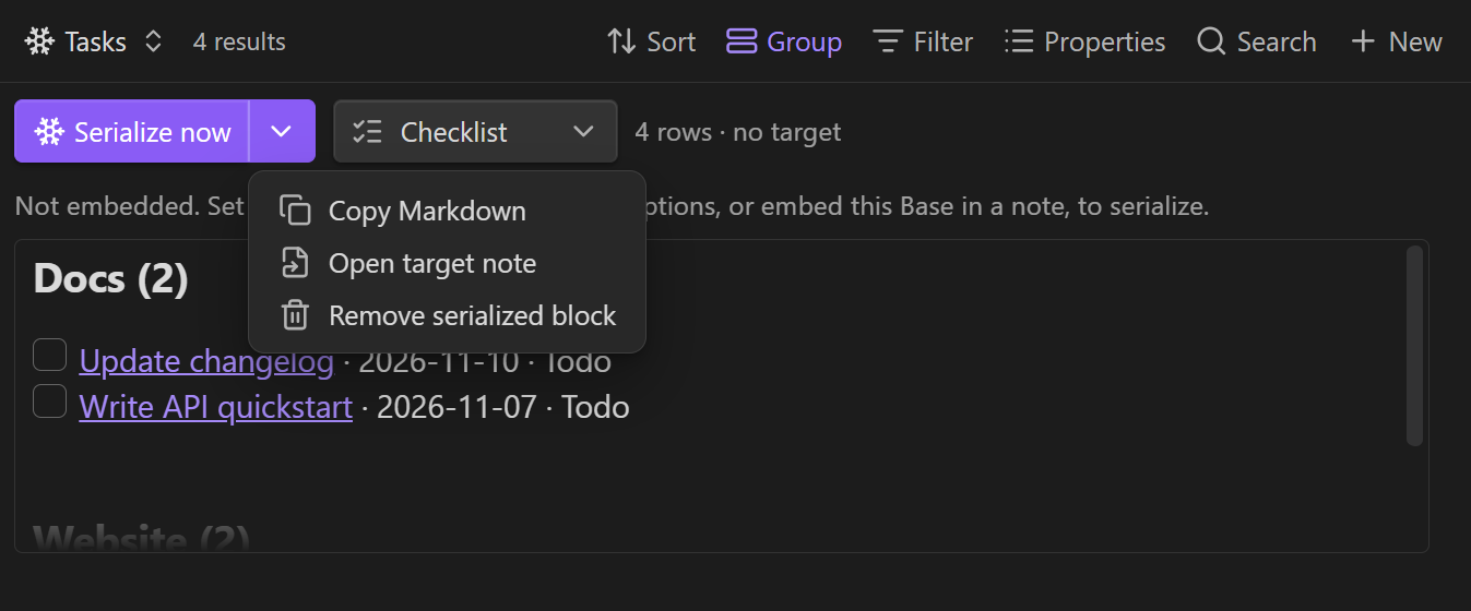 The ▾ menu: Copy Markdown, Open target note, Remove serialized block