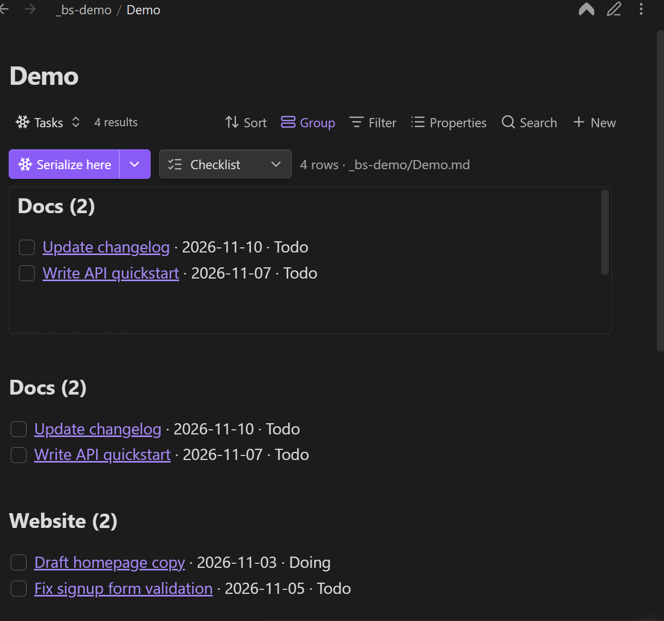 The same note after Serialize: the embed replaced by frozen Markdown