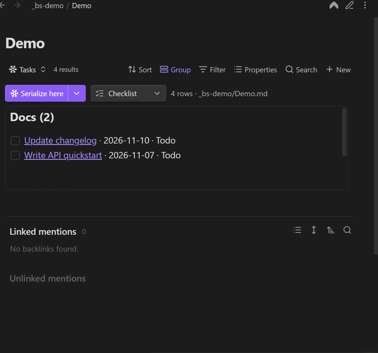 A note containing a single base embed: ![[tasks.base#Today]]