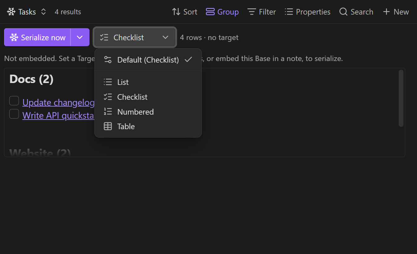 The Format picker: Default (Checklist) plus List, Checklist, Numbered, Table