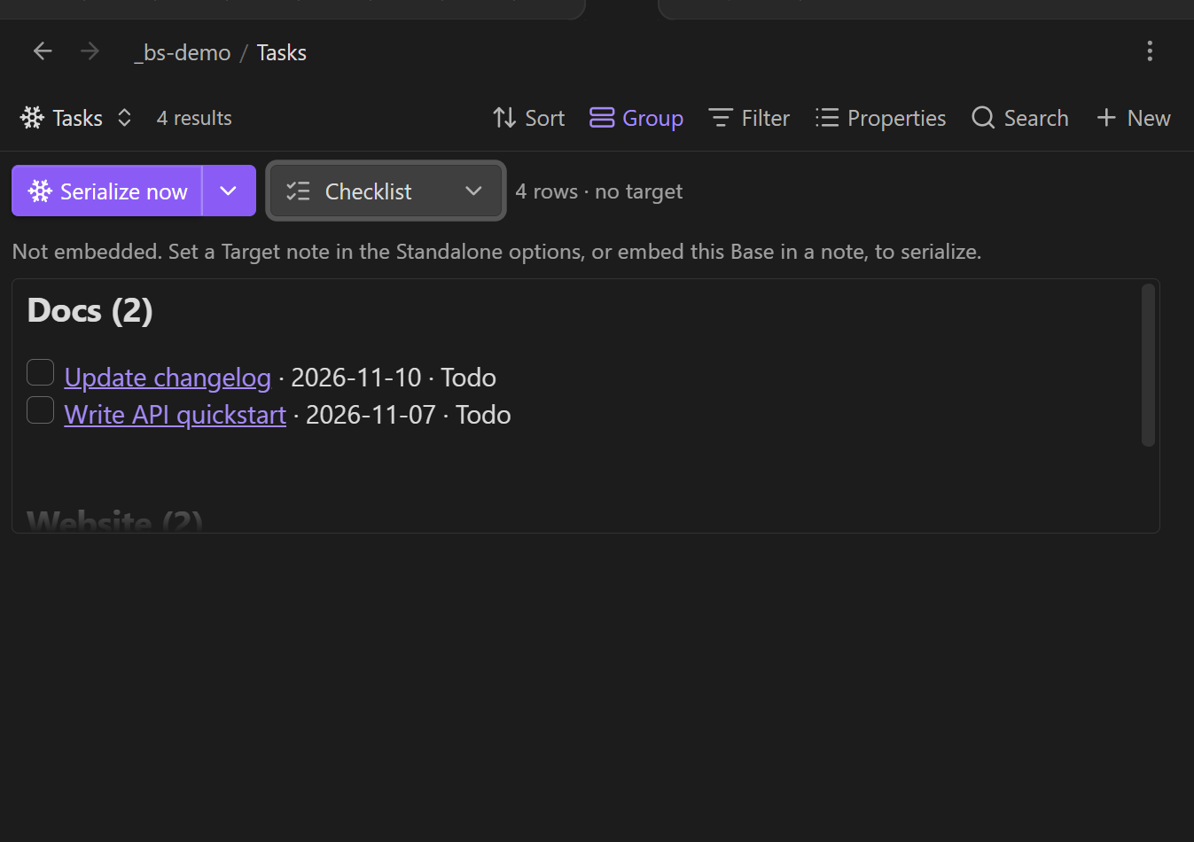The Serializer view in a base tab: the toolbar, the live preview, and the status line