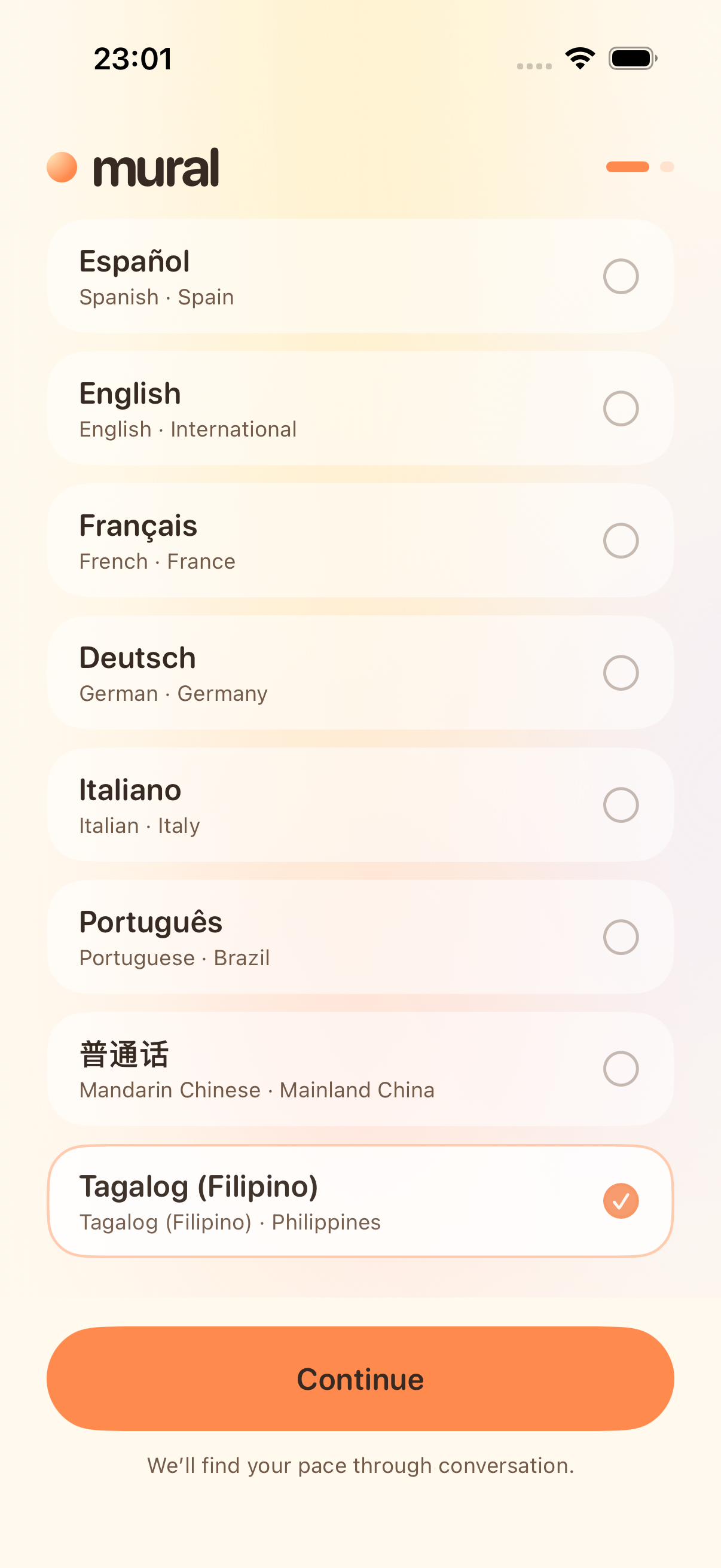 Tagalog selected during onboarding