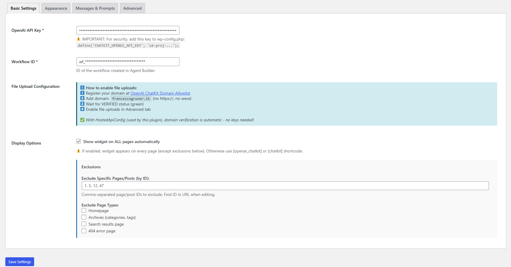 Screenshot of the ChatKit settings page in WordPress admin