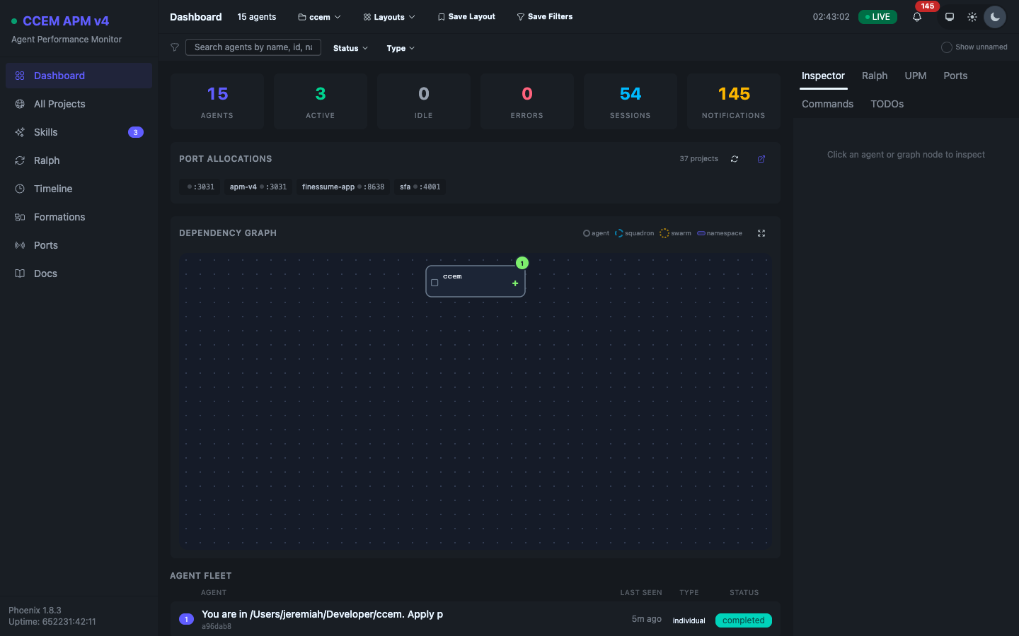 CCEM APM main dashboard — agent fleet, session list, D3 dependency graph, Ralph flowchart