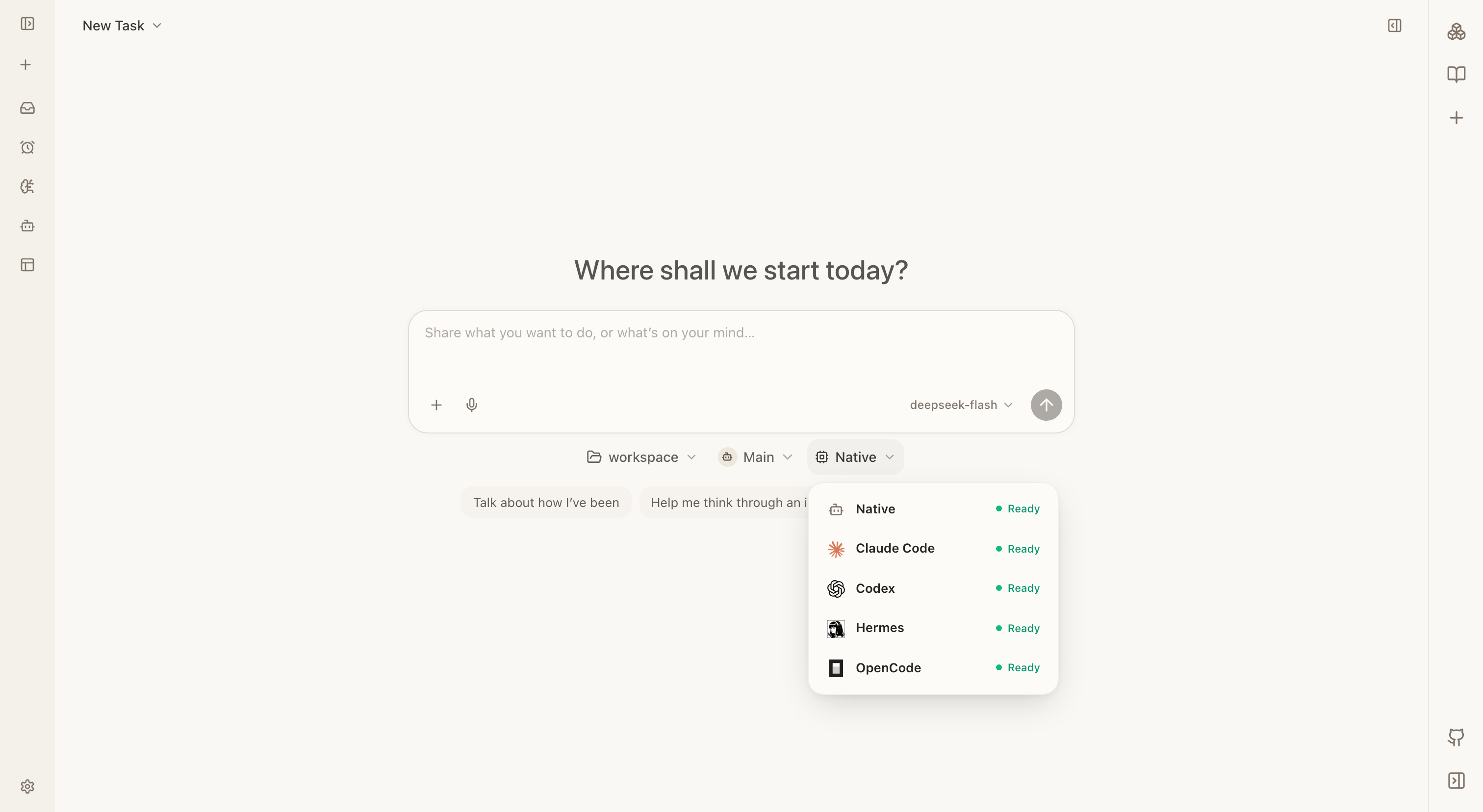 NextClaw runtime picker with Native, Claude Code, Codex, Hermes, and OpenCode
