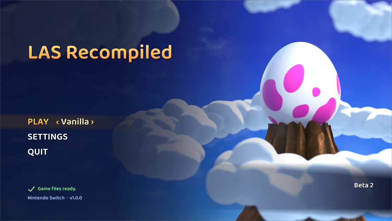 The start screen: choose vanilla or a randomizer seed, set up your game files, settings
