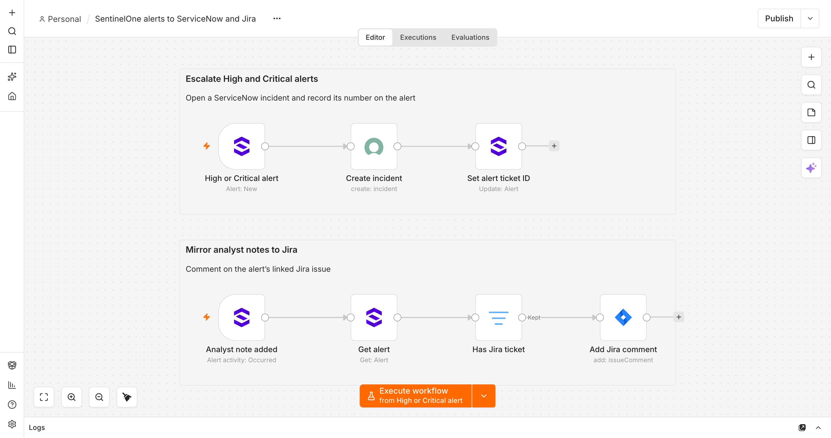 Two flows: High and Critical alerts open a ServiceNow incident and save its number as the alert's ticket ID; new analyst notes are added as comments on the alert's linked Jira issue