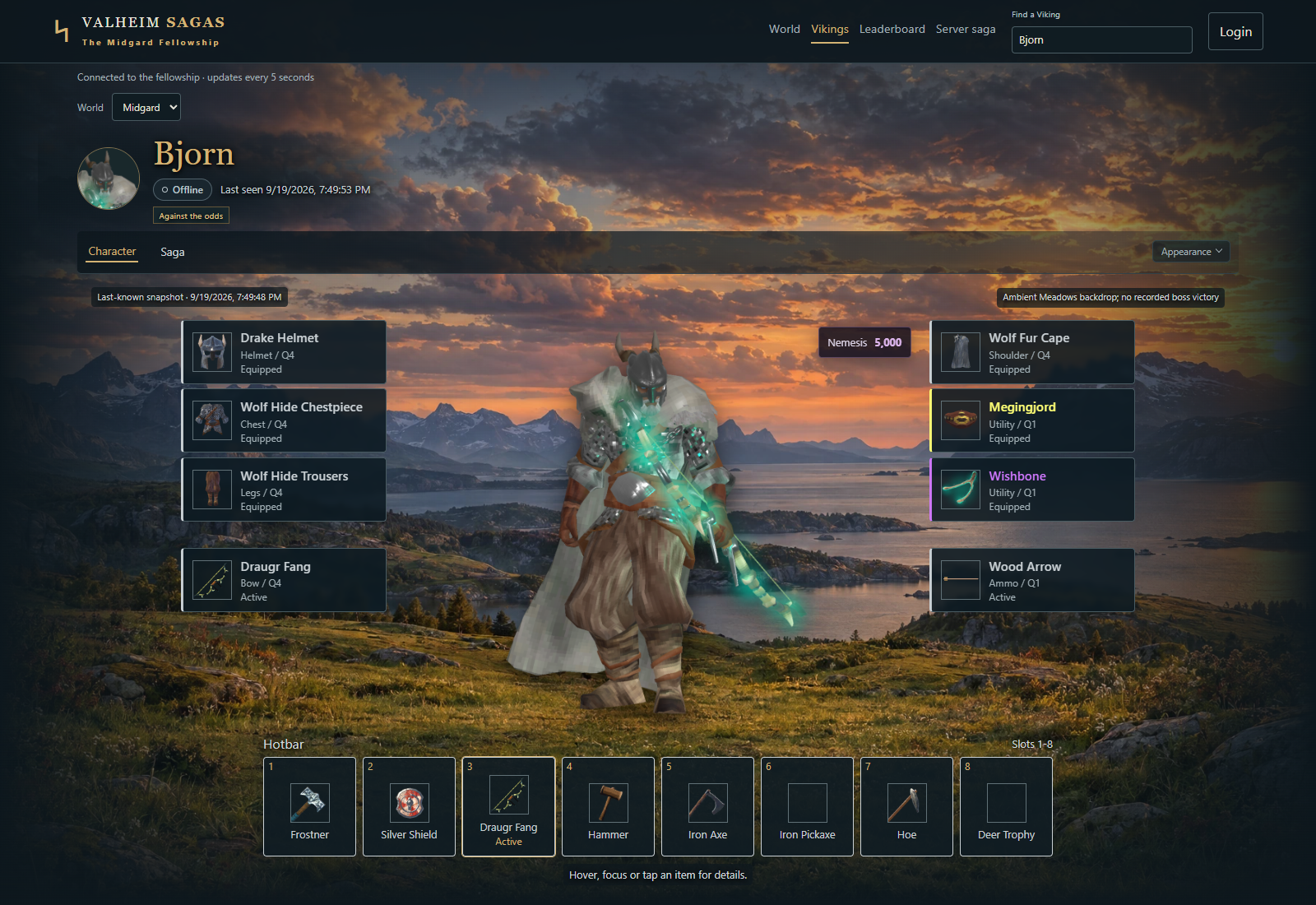 Viking profile with saved portrait, equipment, Nemesis score and compact Appearance control