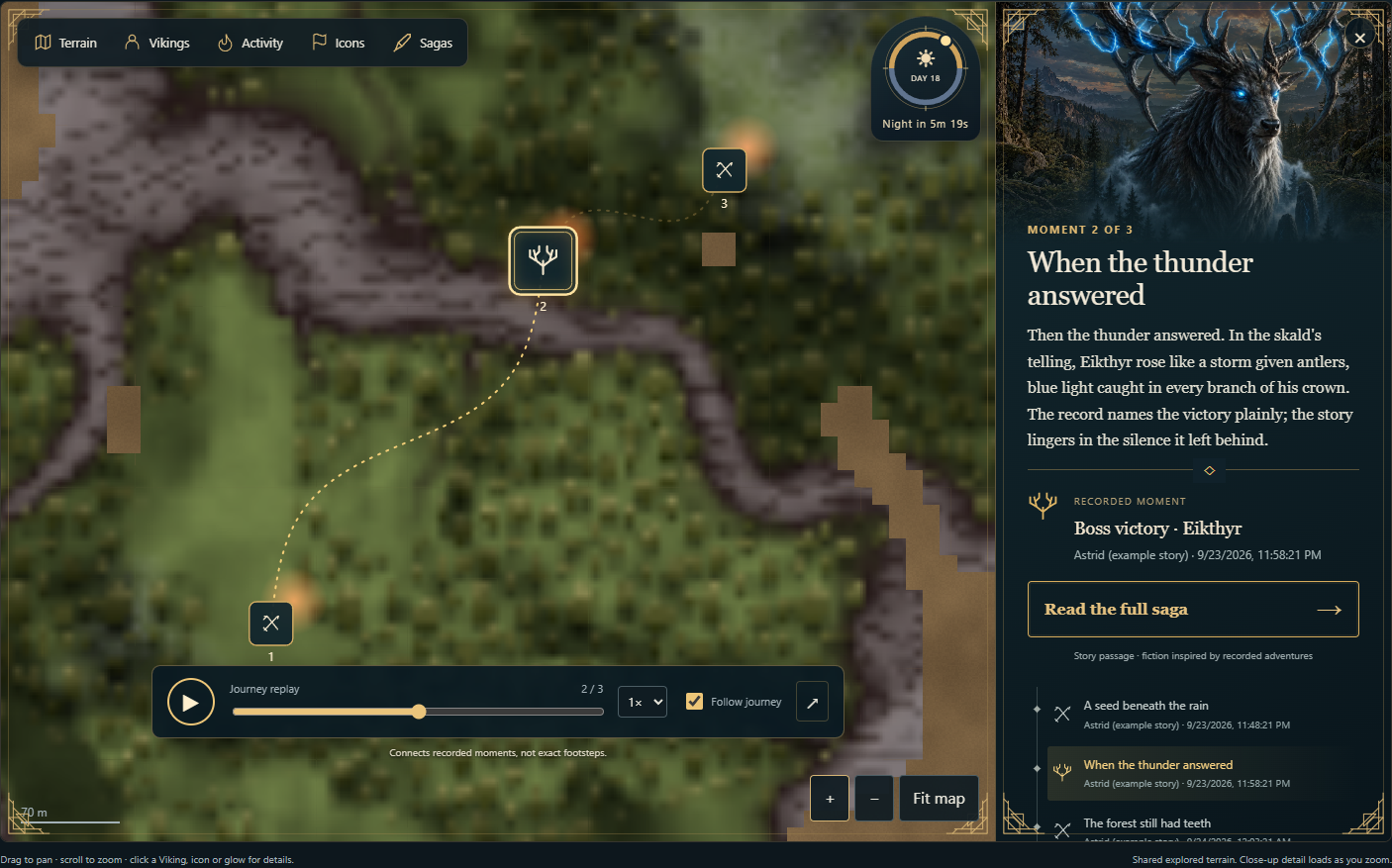 Saga journey with scene passages, rounded map markers and a prominent boss encounter