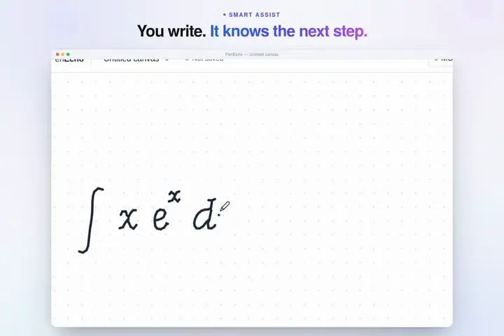PenEchoLLM suggests Solve for a handwritten integral; one tap and the answer lands in place