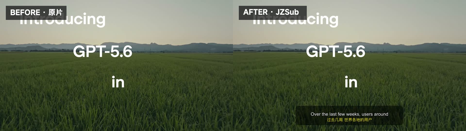 原片与 JZSub 双语字幕烧录效果对比