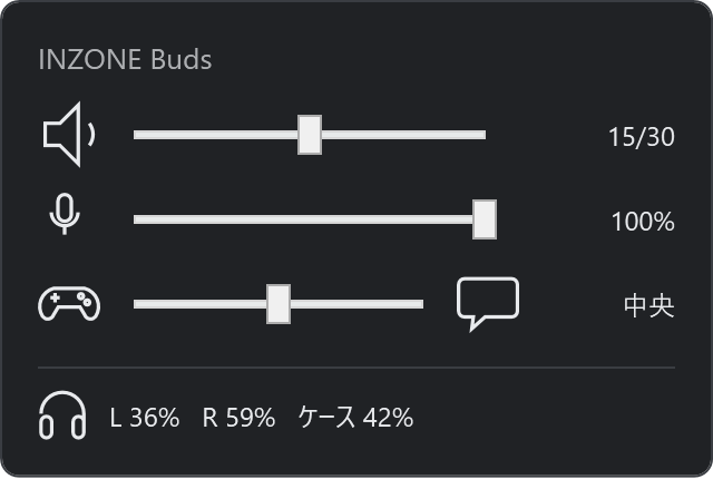 The OpenInzone panel: sliders for headphone volume, microphone level and game/chat balance, with the battery level of both earbuds and the case below them