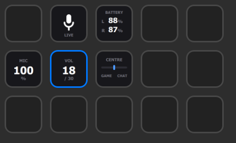 Five OpenInzone keys on a Stream Deck: the microphone showing LIVE, the battery showing 88% and 87% for the two earbuds, the microphone level at 100%, the headphone volume at 18 of 30, and the game/chat balance centred