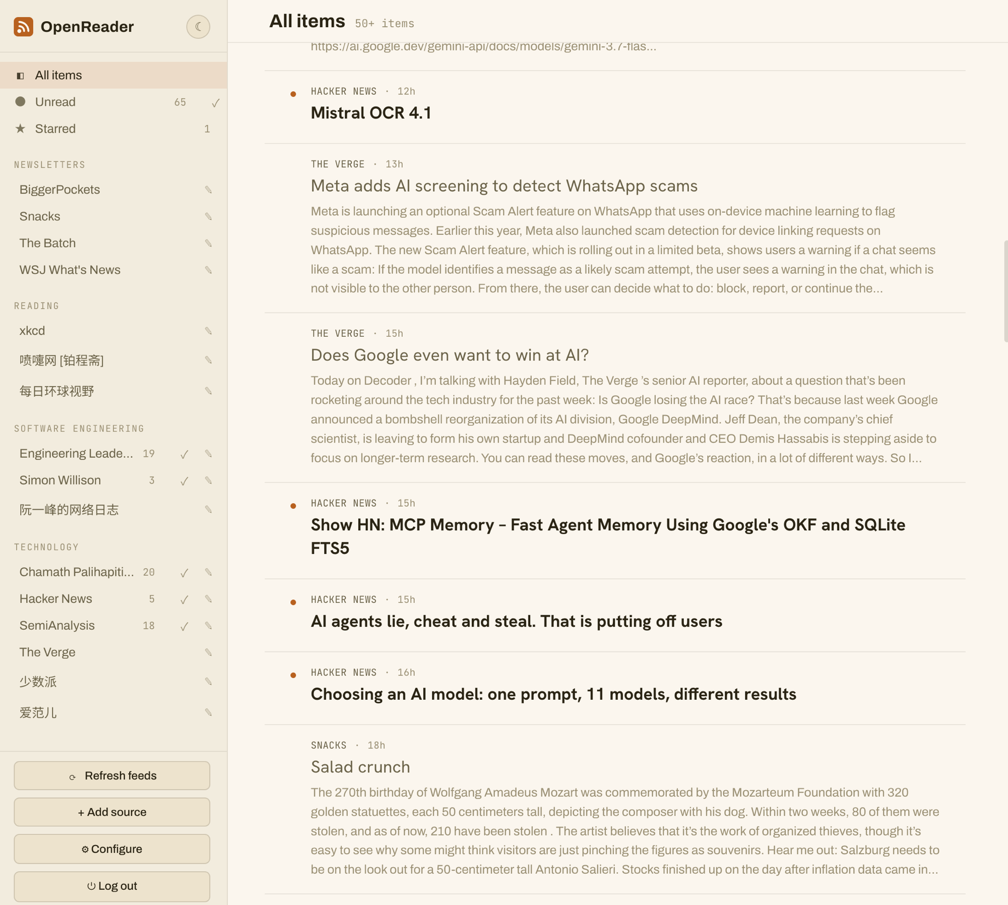 OpenReader fullscreen article reader showing the article title, byline, and Summarize/Star controls in the top bar