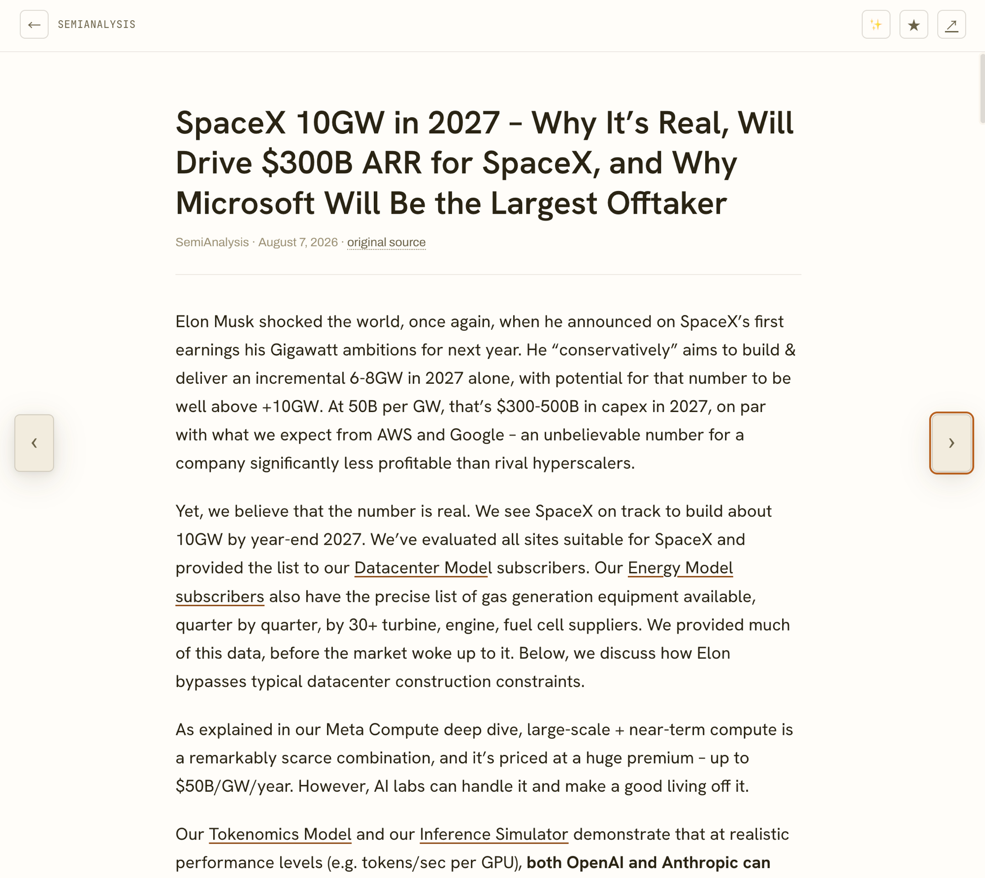OpenReader fullscreen article reader showing the article title, byline, prev/next navigation, and Summarize/Star controls in the top bar