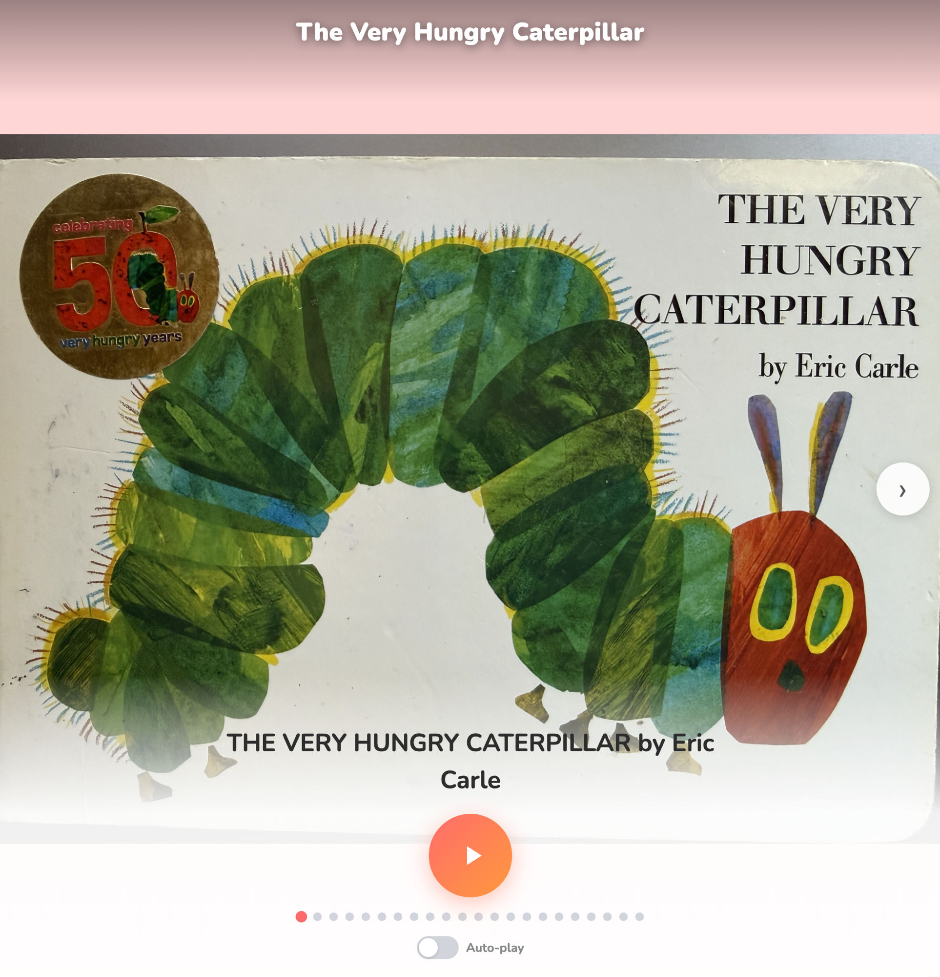 Storytime kids reader showing a picture book page with play button