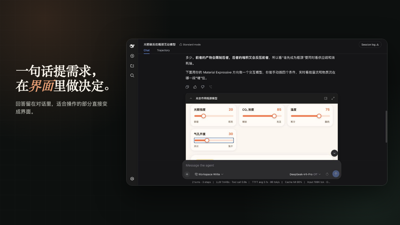 用户提出代码问题，DeepSeek Harness 返回文字解释和交互式代码路径界面