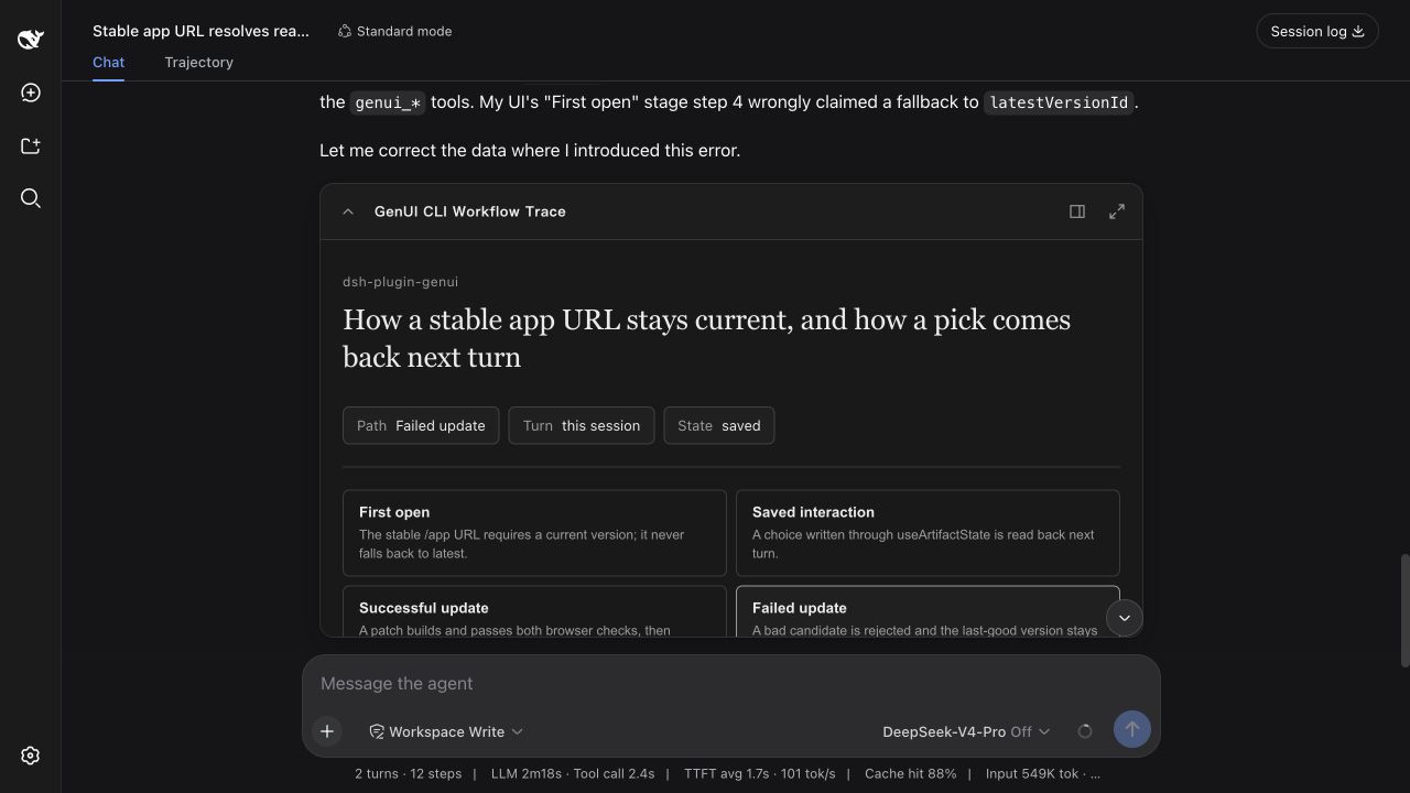 An interactive code path shown inline in a DeepSeek Harness conversation