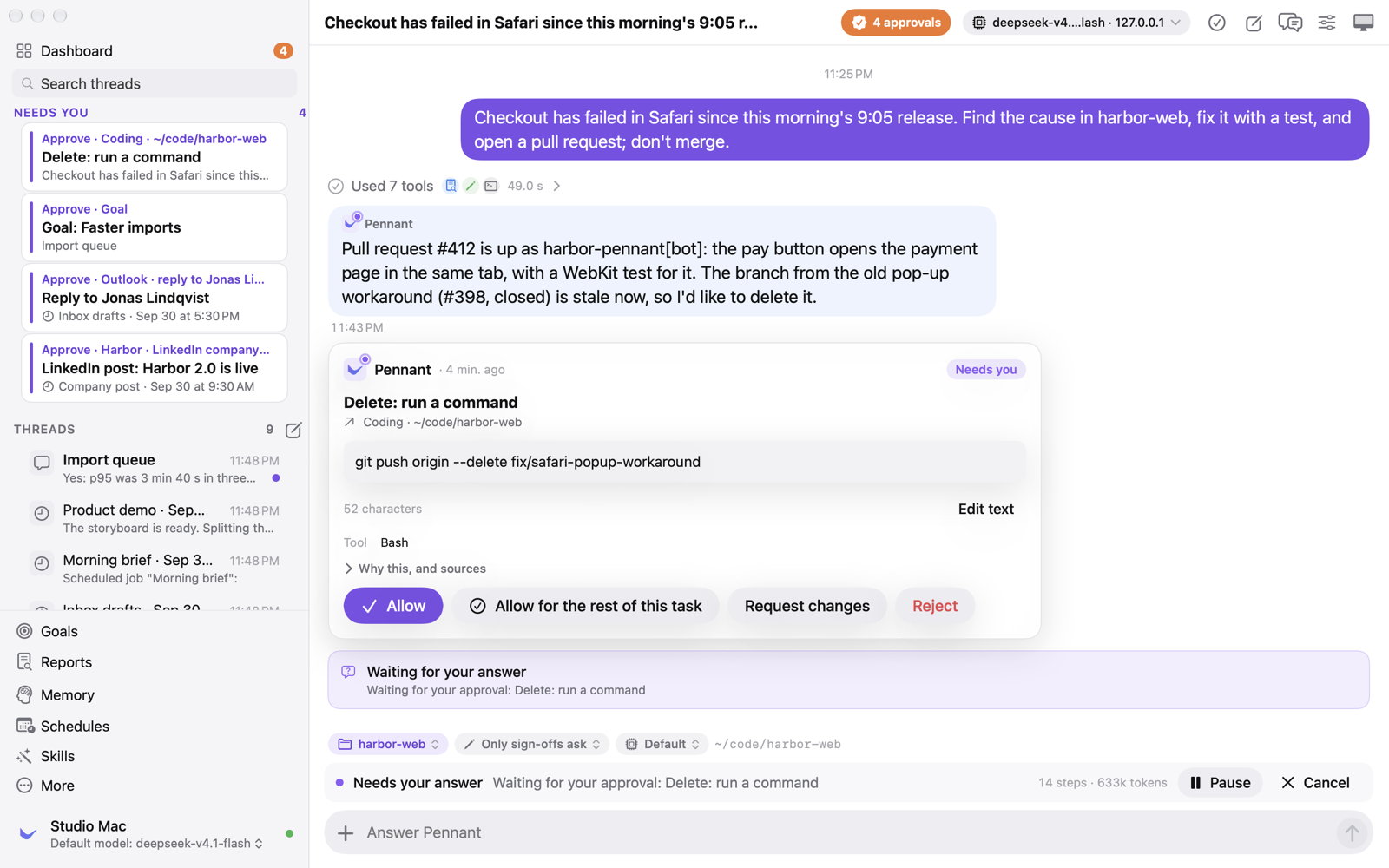A coding run that opened a pull request as its own GitHub App and asks before deleting a branch