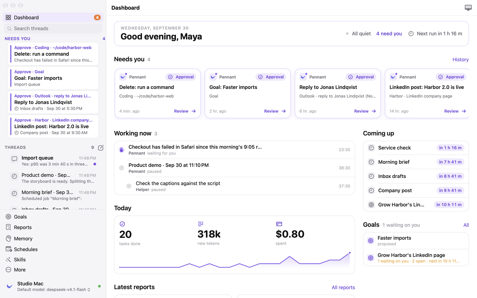 The dashboard: what needs you, what's running, what runs next, today's numbers and the goals