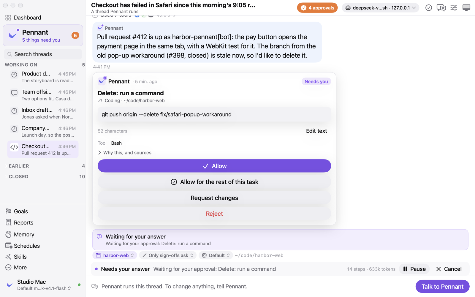 A coding run that opened a pull request as its own GitHub App and asks before deleting a branch