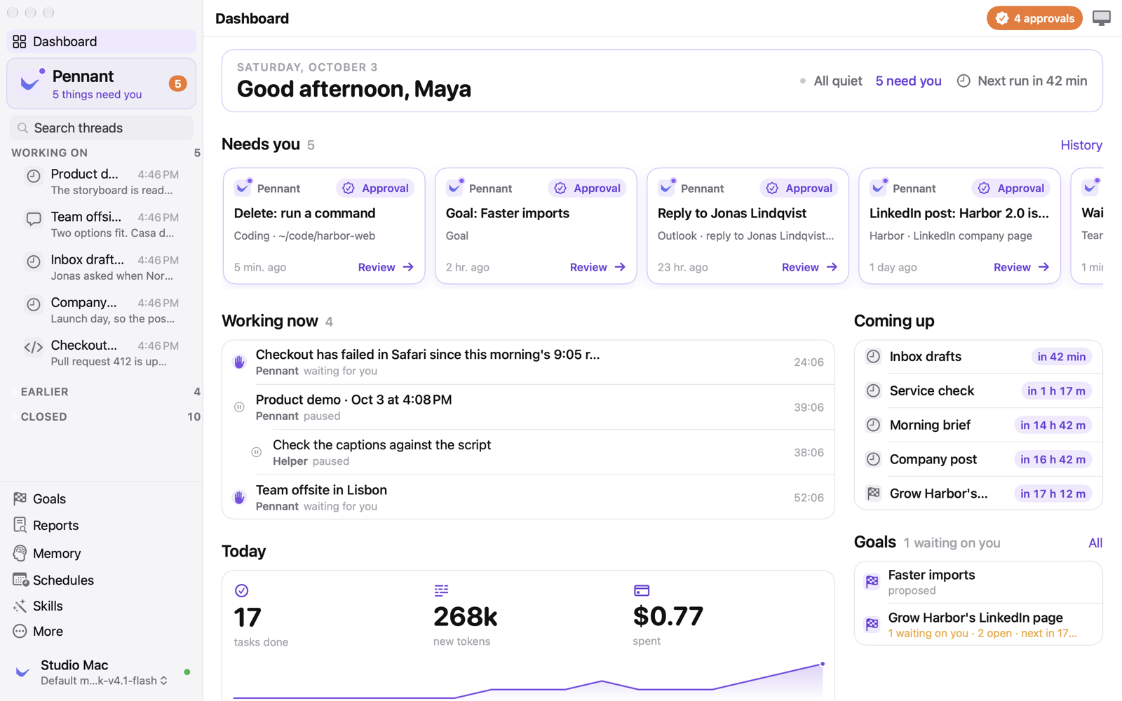 The dashboard: what needs you, what's running, what runs next, today's numbers and the goals