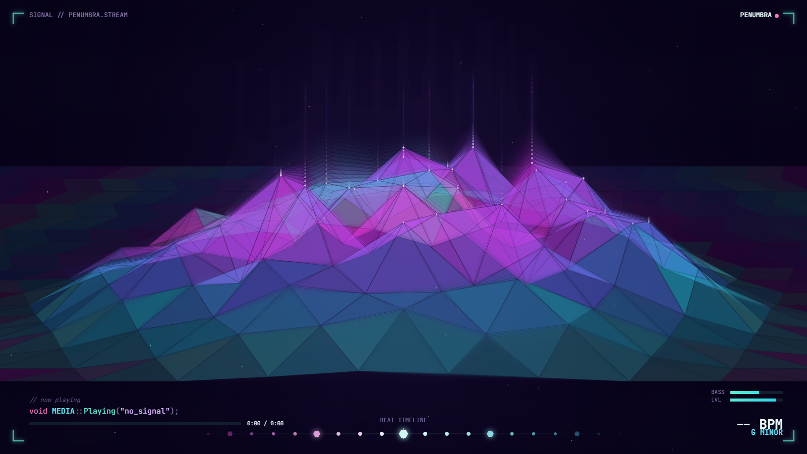 Triangular Peaks — a 3D perspective lattice of equilateral triangles, spectrum radiating from the center