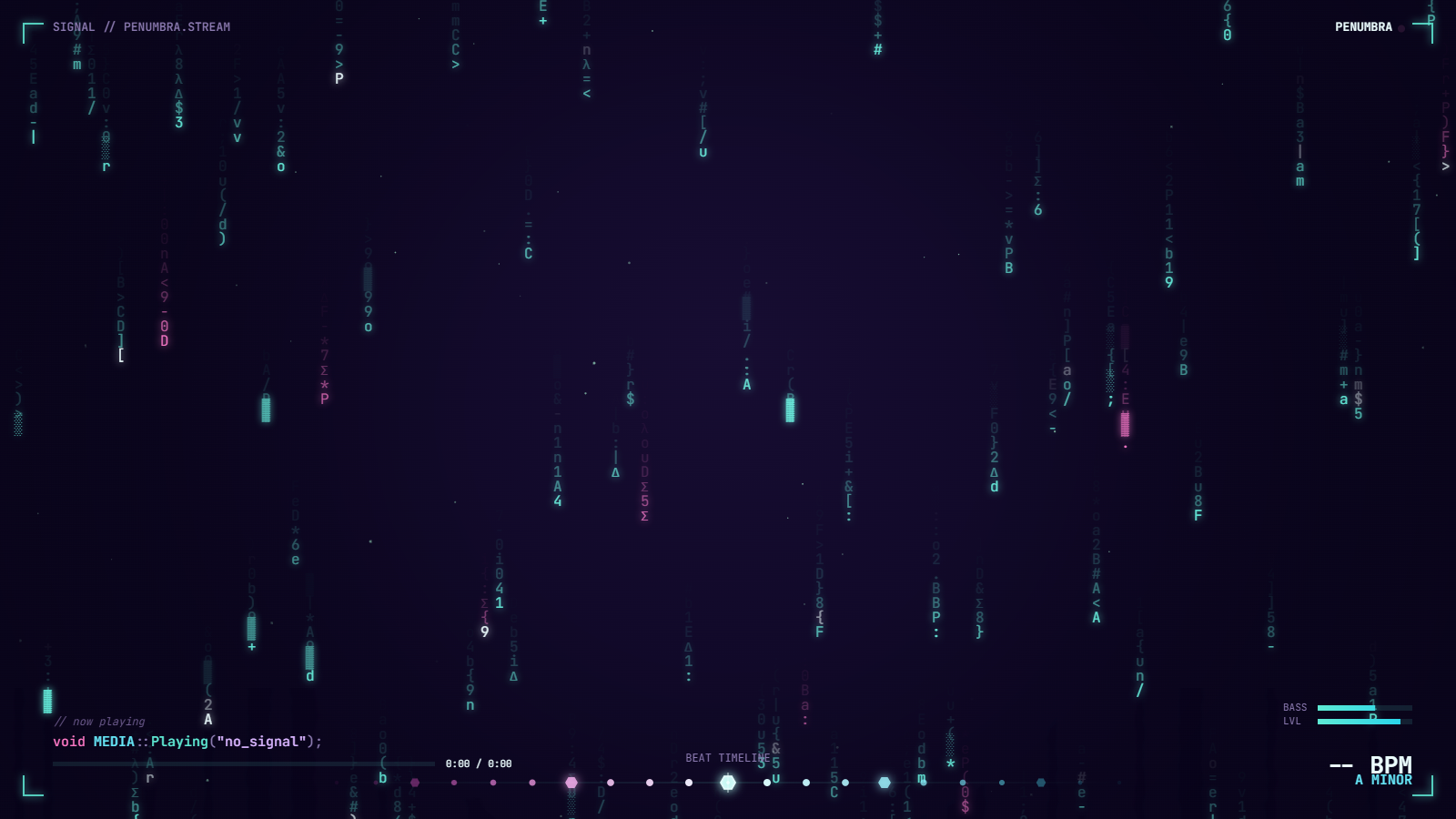 Code Rain — Matrix-style C++/hex glyphs whose fall speed tracks the music