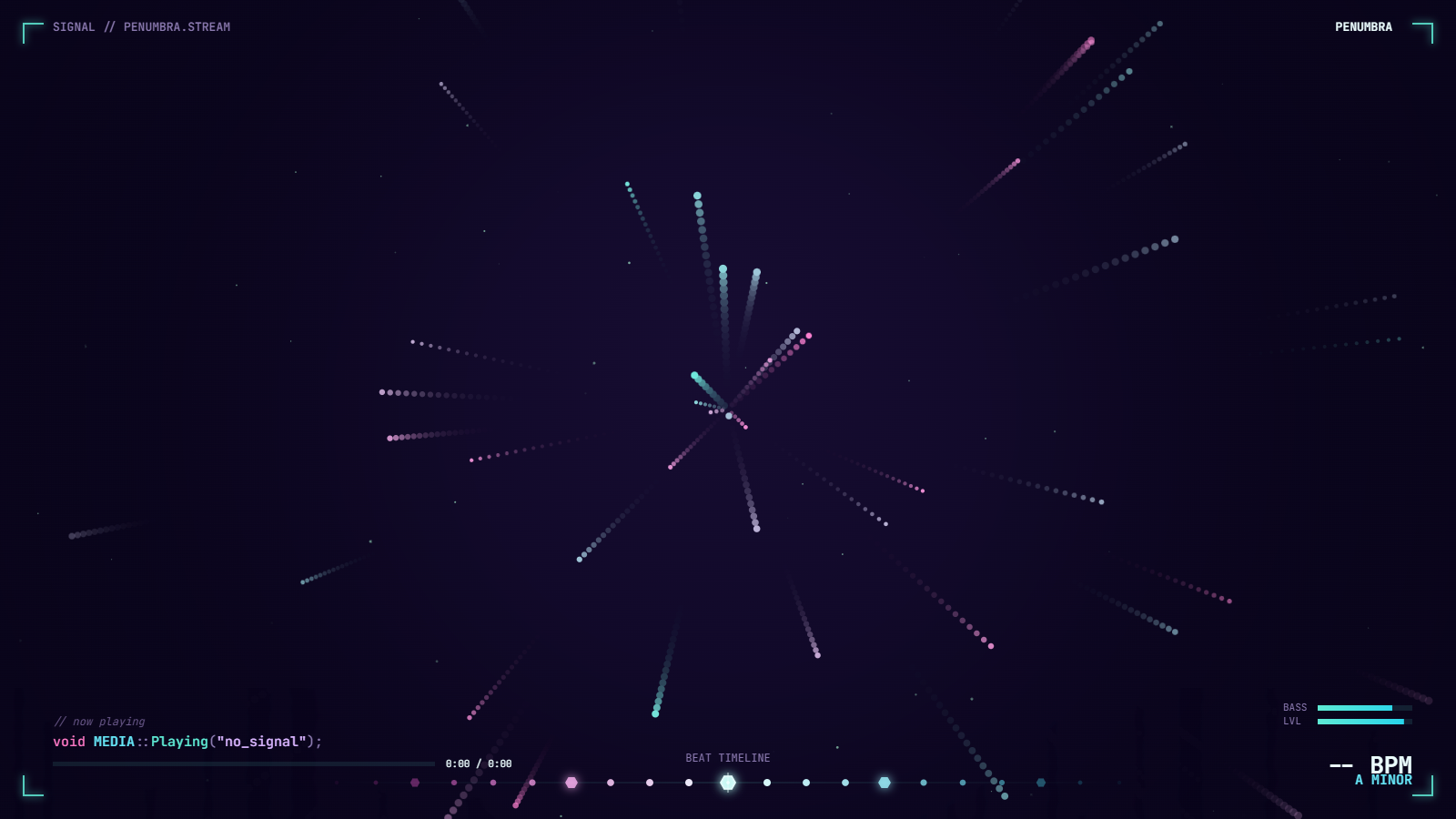 Particle Burst — onset-driven particle field; transients spawn new emitters
