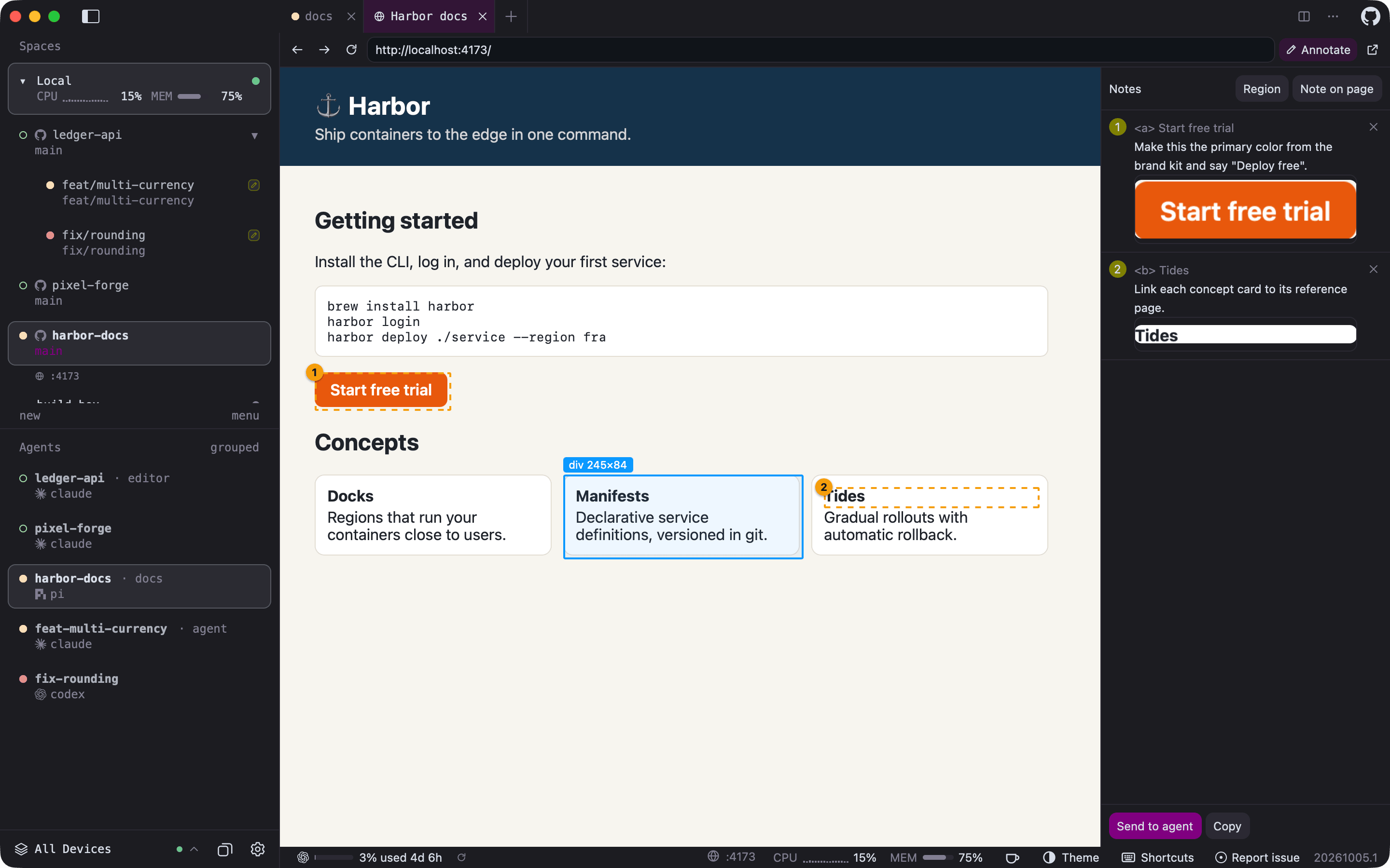 Browser tab showing a local page with two numbered annotations, a hovered element outline, and a notes panel with element screenshots and Send to agent