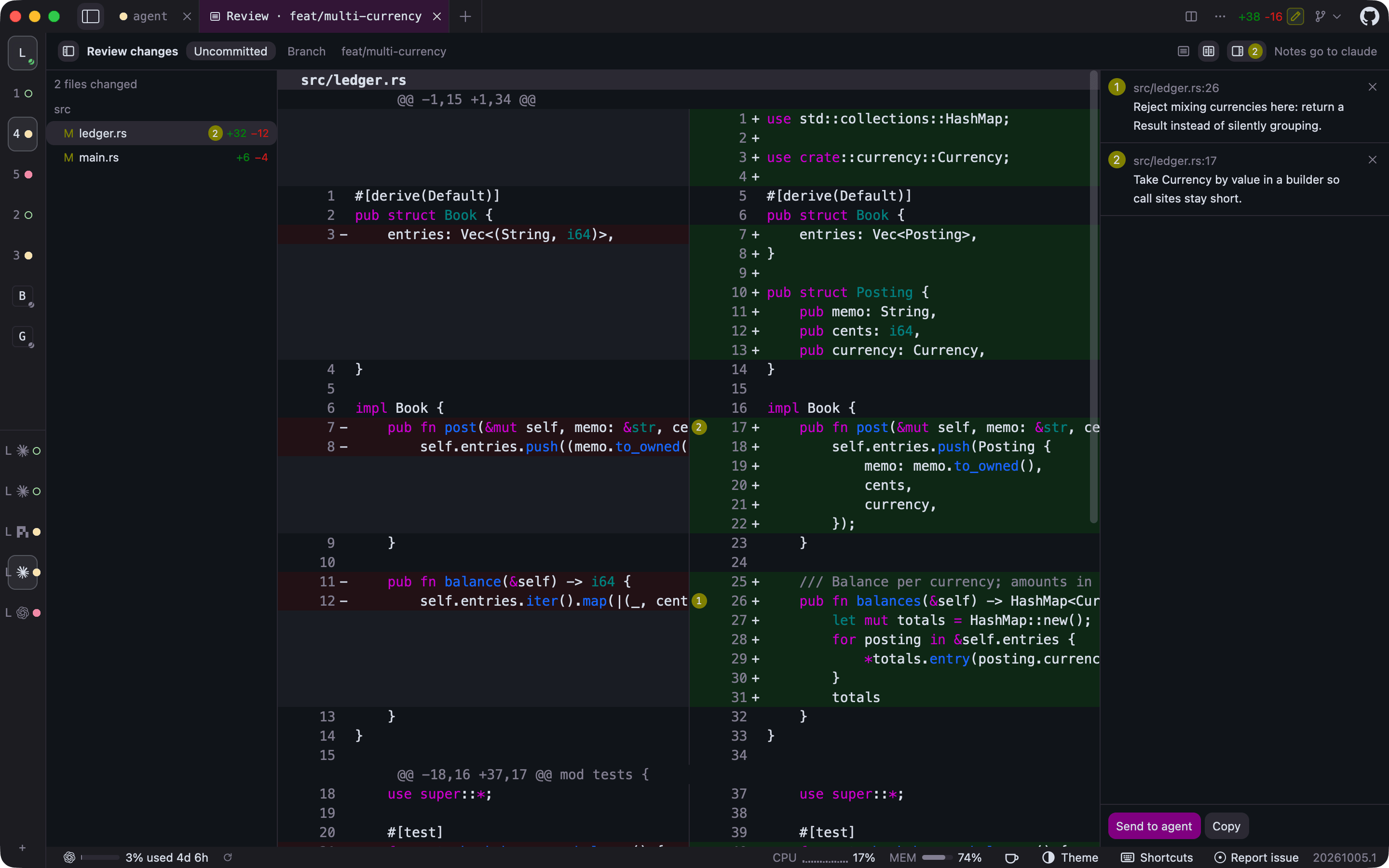 The same review side by side with the sidebar collapsed to a narrow rail of workspace and agent icons