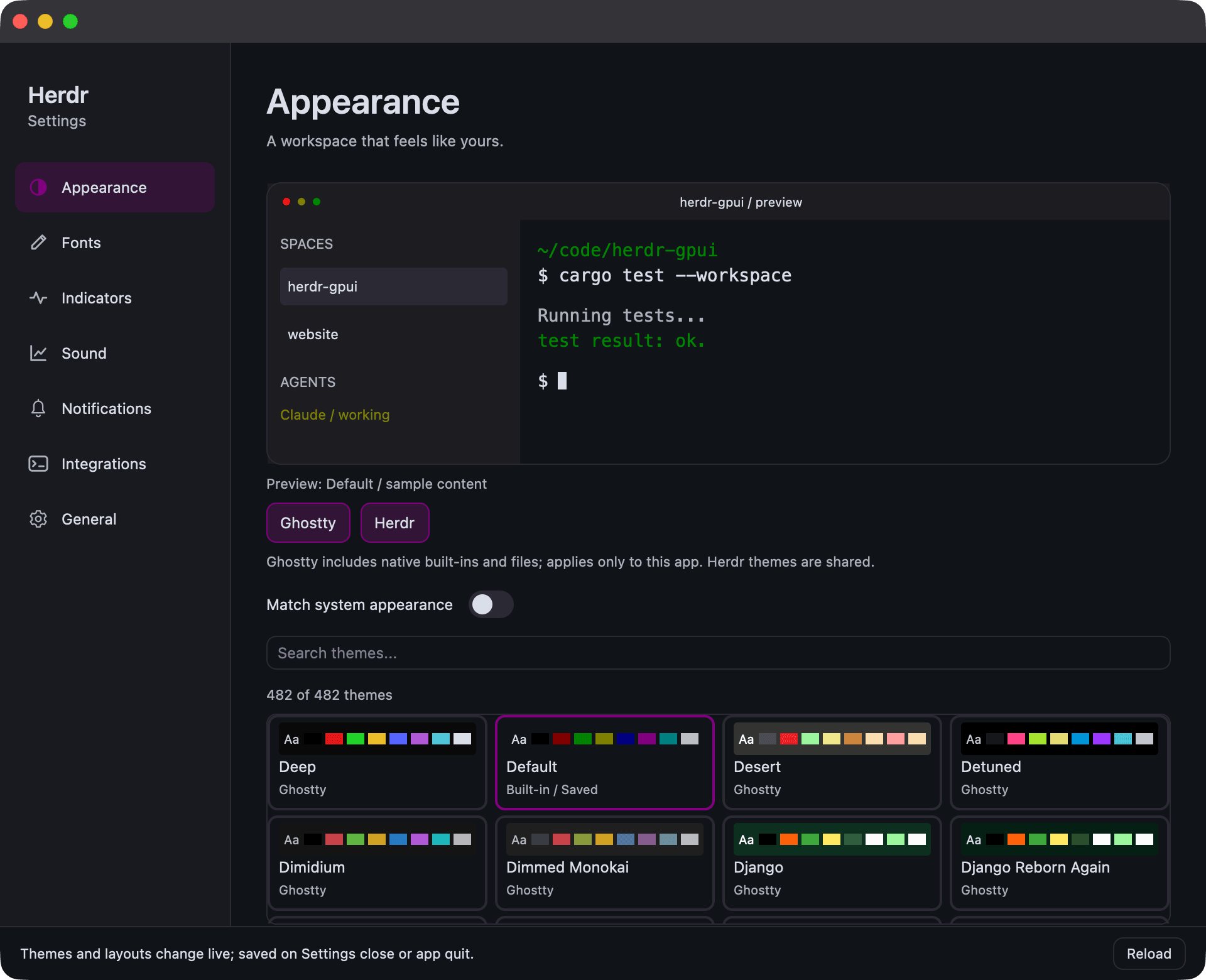 Settings window on the Appearance page with a live preview and a searchable grid of theme cards