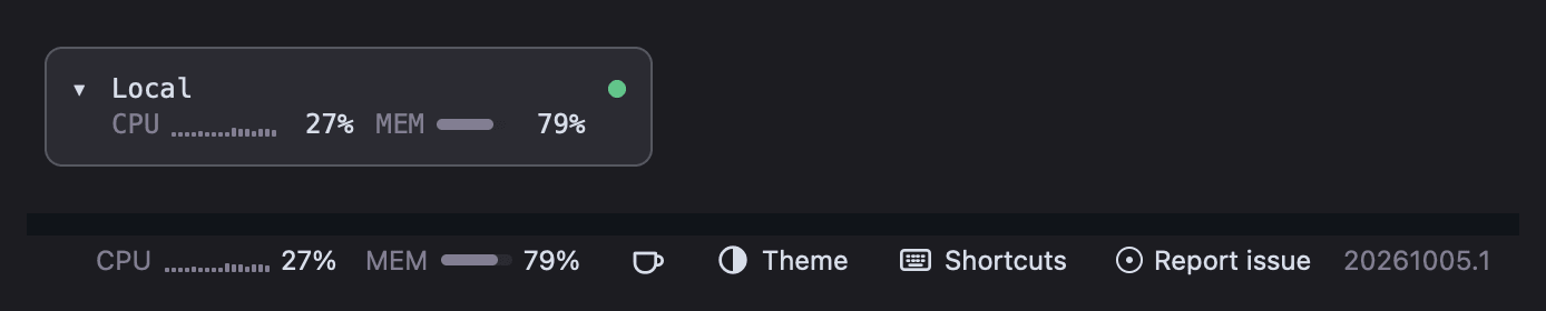 A sidebar host card and the status bar, each with a CPU sparkline and a memory meter