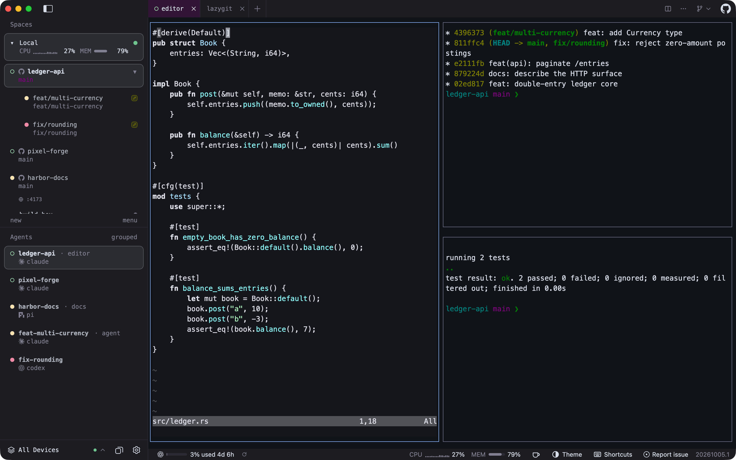 Herdr UI window: a sidebar with the local host's CPU and memory, a repository with two linked worktrees, and every agent with its status dot; tabs in the title bar; three split panes running Neovim, git log, and cargo test