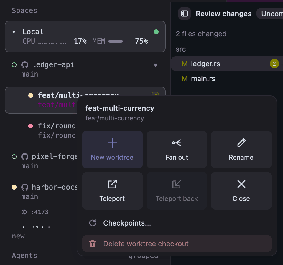 Right-click popover on a worktree with tiles for New worktree, Fan out, Rename, Teleport, Teleport back, and Close, plus Checkpoints and a red Delete worktree checkout row