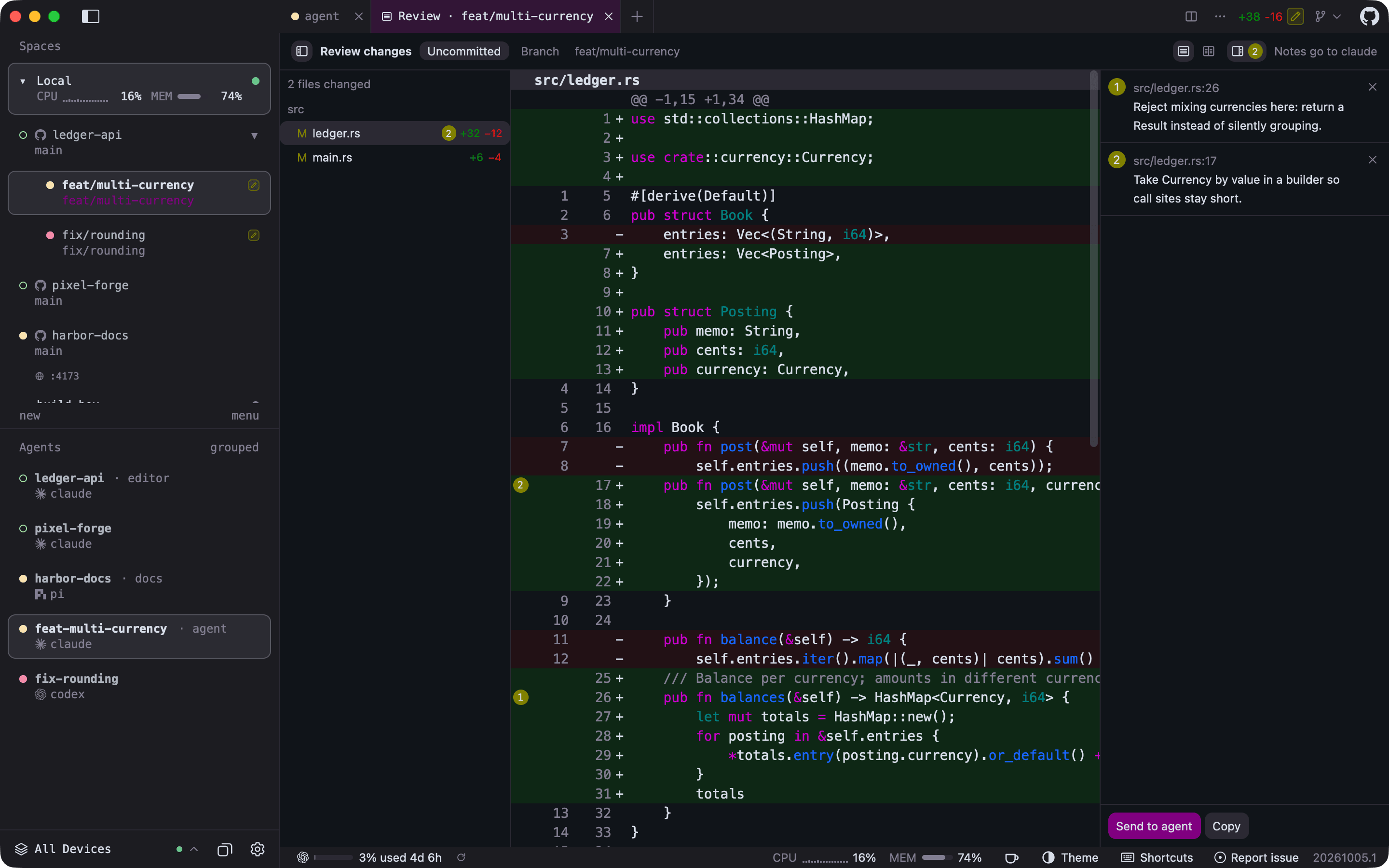Review tab showing a unified diff of uncommitted changes with syntax colouring, a changed-files list, and two numbered review notes ready to send to Claude