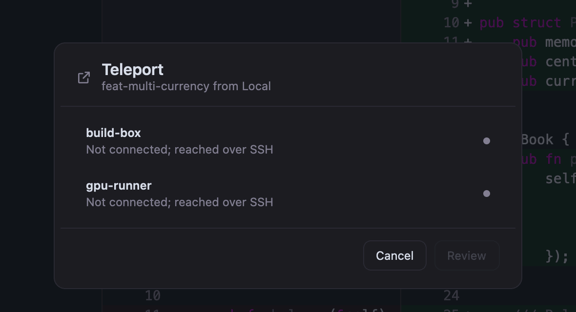 Teleport dialog listing two saved SSH hosts as destinations for the feat-multi-currency worktree