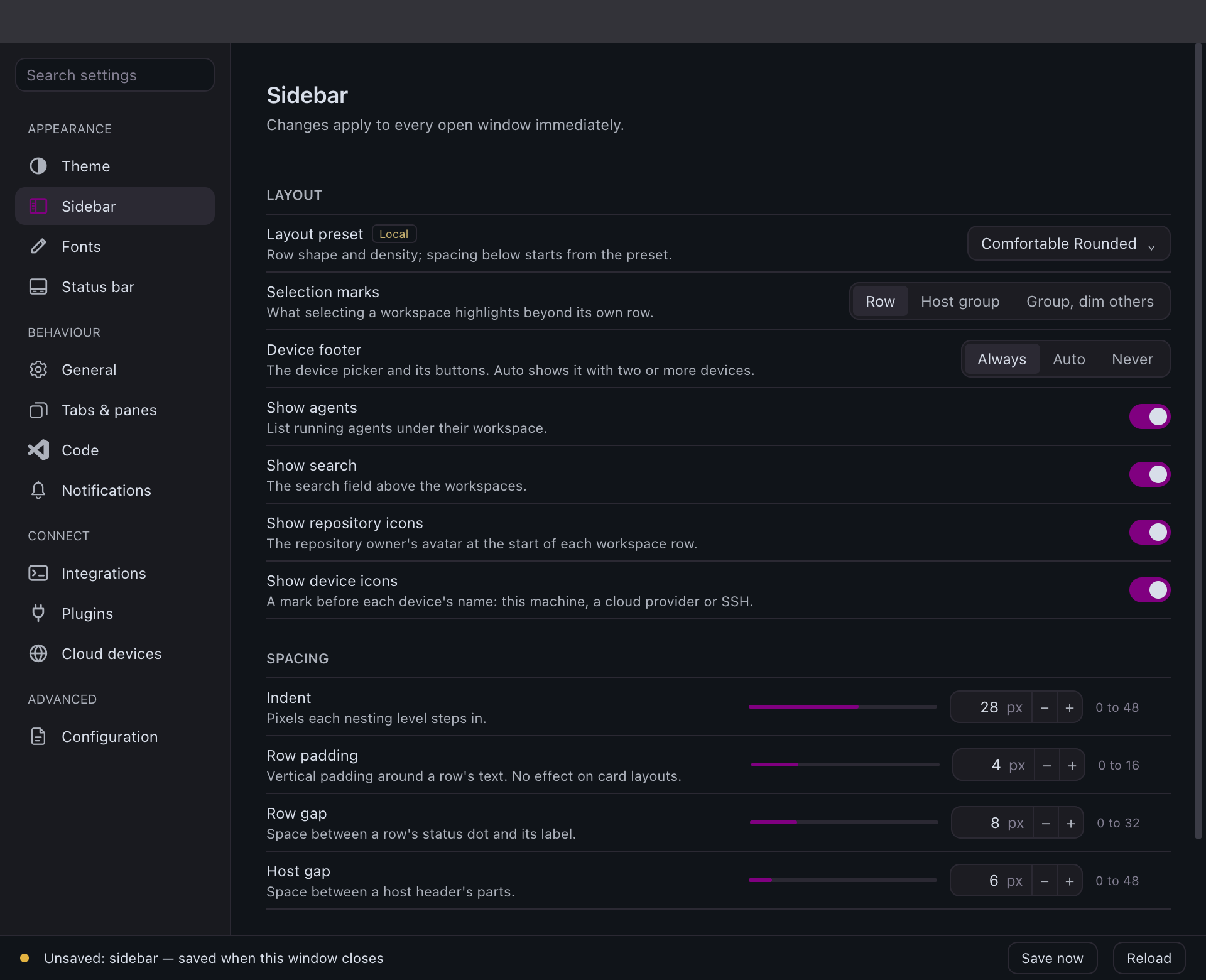 Settings window on the Sidebar page with spacing sliders and per-host colour swatches