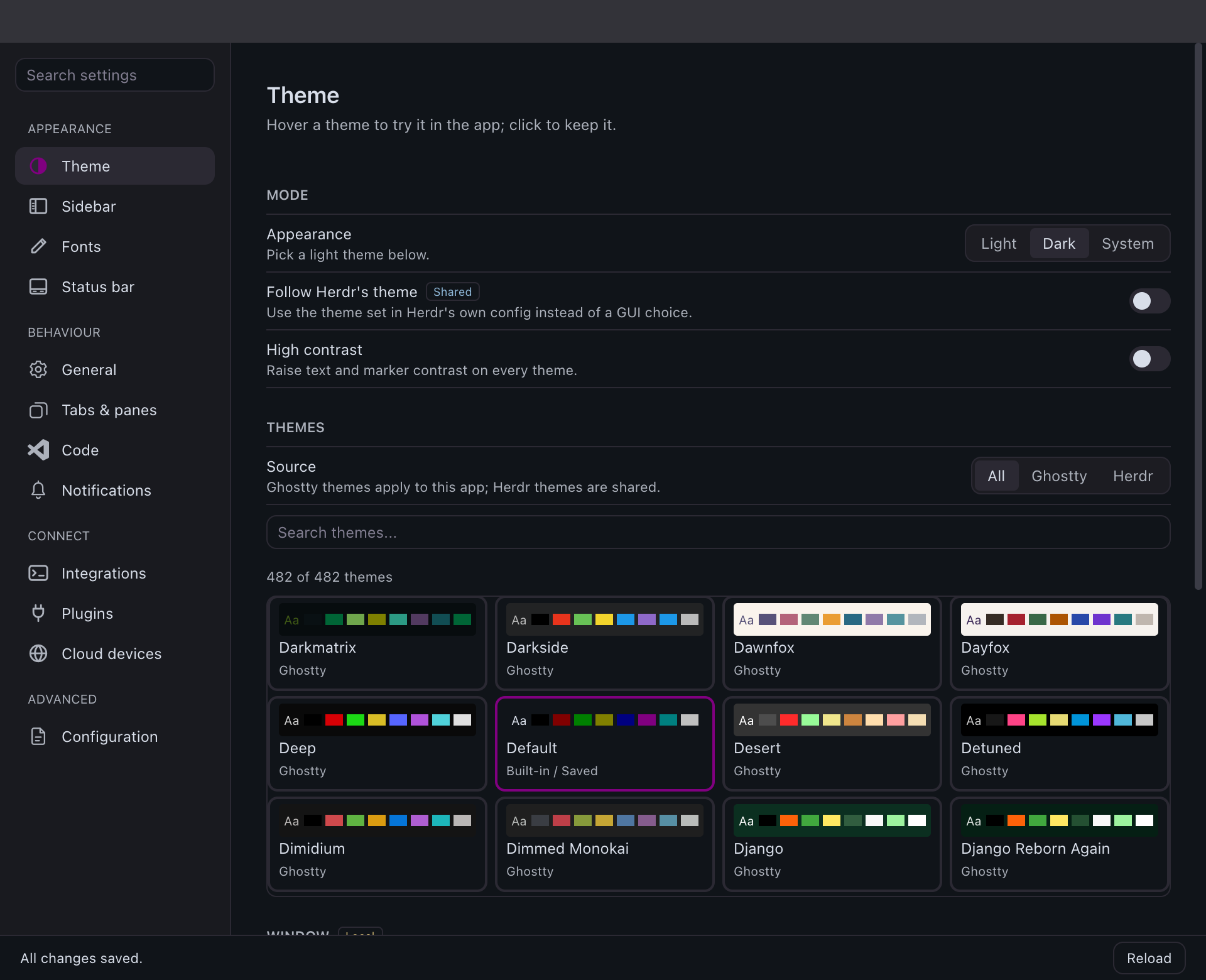 Settings window on the Appearance page with a live preview and a searchable grid of theme cards