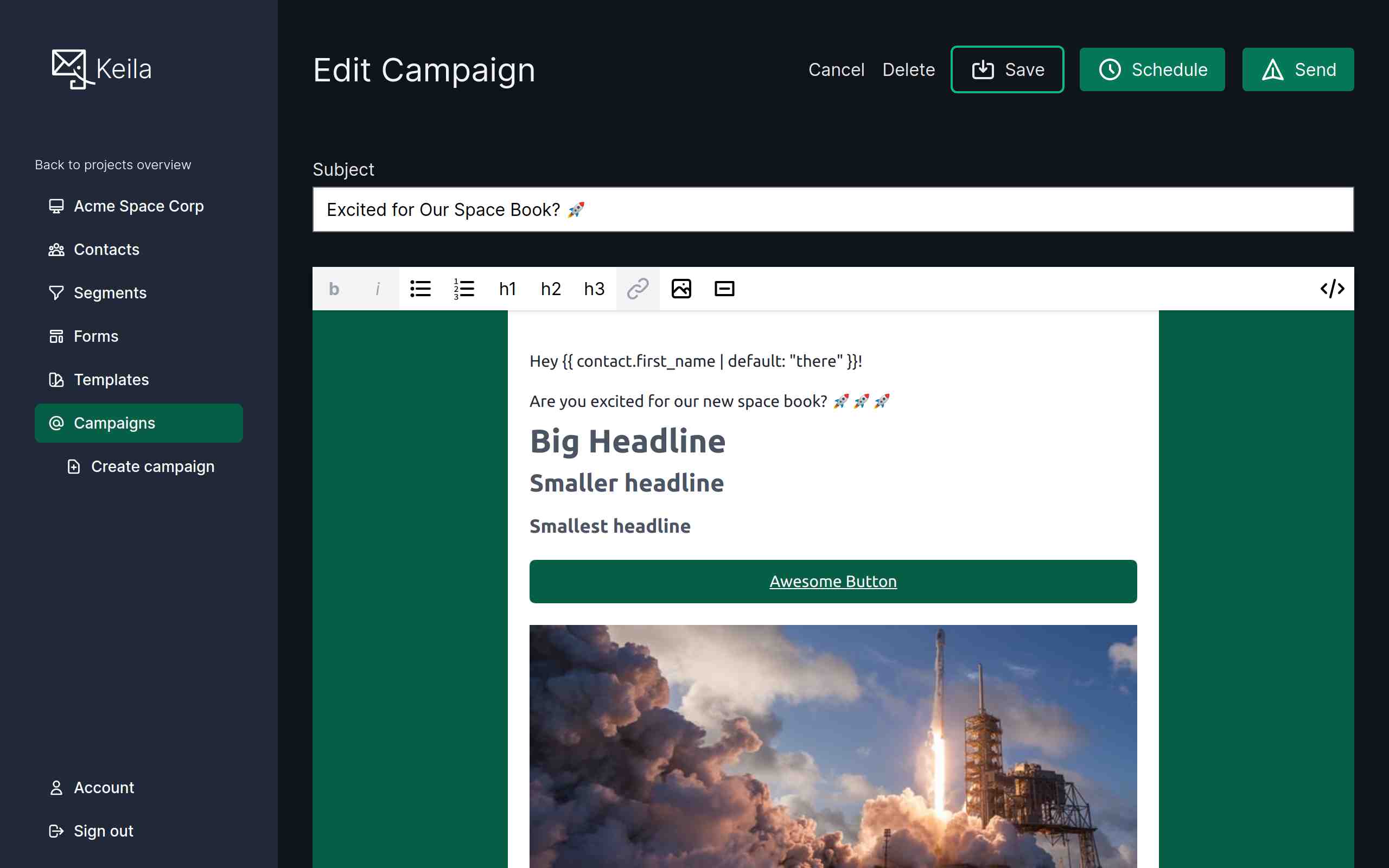Screenshot of the Keila campaign editor showing the WYSIWYG editor and the default template