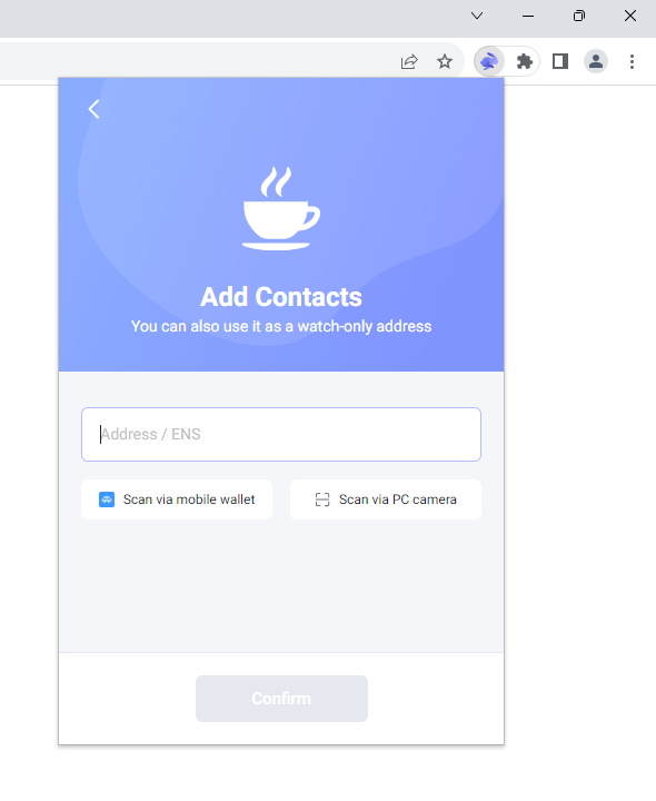 On the "Add Contacts" screen, enter your recovered Waymont Safe address and click "Confirm."